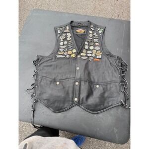 Harley Davidson Leather Vest XL HOG Fat Boy Pins Patches Sturgis MCM USA